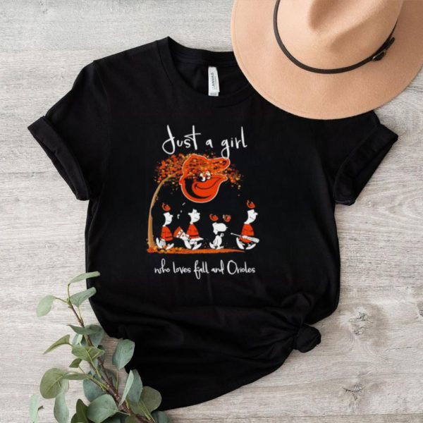 Peanuts just a girl who loves fall and Baltimore Orioles shirt