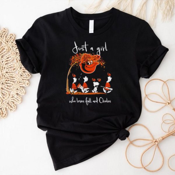 Peanuts just a girl who loves fall and Baltimore Orioles shirt