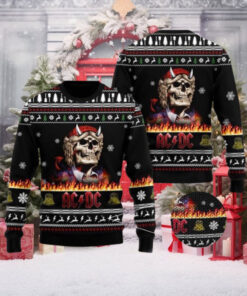 ACDC Angus Young Skeleton Holiday Style In Flame 2024 Christmas Ugly Sweater