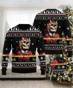 ACDC Angus Young Skeleton Holiday Style In Flame 2024 Christmas Ugly Sweater