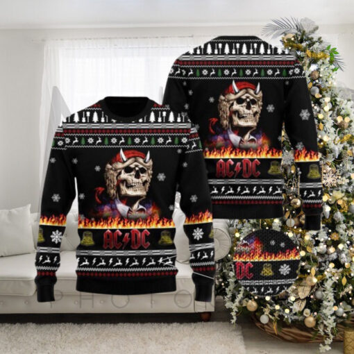 ACDC Angus Young Skeleton Holiday Style In Flame 2024 Christmas Ugly Sweater