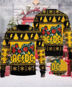 ACDC Band Funny Graphics Snowflakes And Thunder Pattern Knitted Yellow Ugly Christmas Sweater