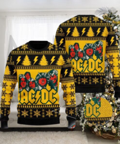 ACDC Band Funny Graphics Snowflakes And Thunder Pattern Knitted Yellow Ugly Christmas Sweater