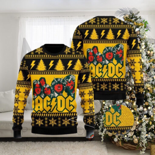 ACDC Band Funny Graphics Snowflakes And Thunder Pattern Knitted Yellow Ugly Christmas Sweater