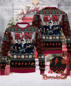 ACDC Band Members Photo Snowflakes And Thunder Logo Pattern Knitted Ugly Christmas Sweater