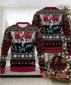 ACDC Band Members Photo Snowflakes And Thunder Logo Pattern Knitted Ugly Christmas Sweater