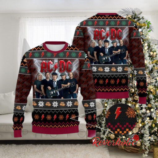 ACDC Band Members Photo Snowflakes And Thunder Logo Pattern Knitted Ugly Christmas Sweater