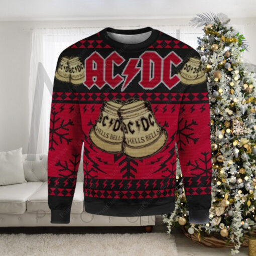 ACDC Hells Bells Signature Symbol With Snowflakes Pattern Black And Red Ugly Christmas Sweater 2024