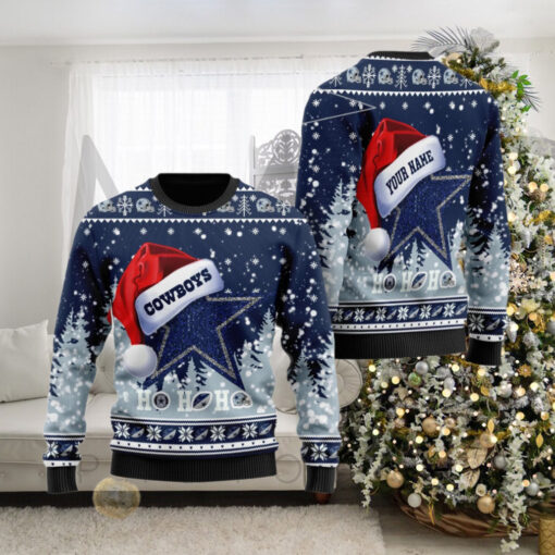 Dallas Cowboys Symbol Wearing Santa Claus Hat Ho Ho Ho Custom Name Ugly Sweater Christmas Sweater Dallas Cowboys