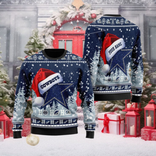 Dallas Cowboys Symbol Wearing Santa Claus Hat Ho Ho Ho Custom Name Ugly Sweater Christmas Sweater Dallas Cowboys