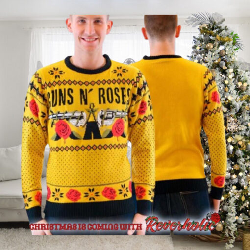 Guns N Roses Big Signature Logo Knitted Mustard Ugly Christmas Sweater