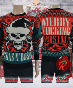 Guns N Roses Big Skull With Santa Hat Signature Logo Merry Fucking Christmas Ugly Christmas Sweater rem