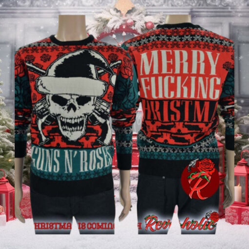 Guns N Roses Big Skull With Santa Hat Signature Logo Merry Fucking Christmas Ugly Christmas Sweater rem