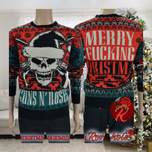 Guns N Roses Big Skull With Santa Hat Signature Logo Merry Fucking Christmas Ugly Christmas Sweater rem