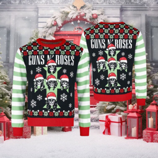 Guns N Roses Cross Logo Skeletons With Santa Hats Christmas Jumper Multicolor Ugly Christmas Sweater rem