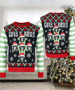 Guns N Roses Cross Logo Skeletons With Santa Hats Christmas Jumper Multicolor Ugly Christmas Sweater rem