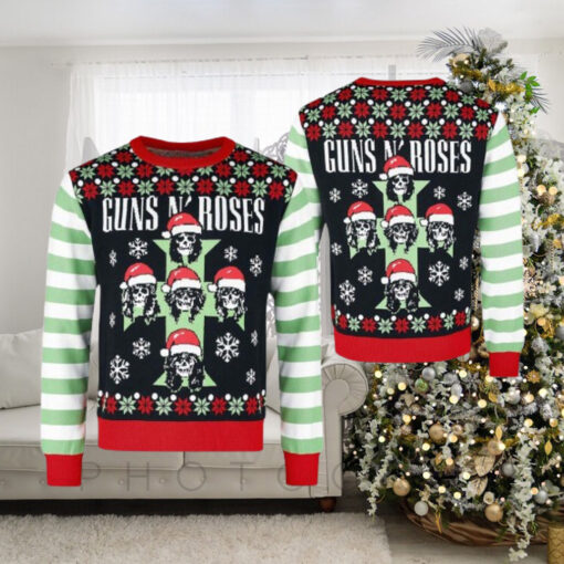 Guns N Roses Cross Logo Skeletons With Santa Hats Christmas Jumper Multicolor Ugly Christmas Sweater rem