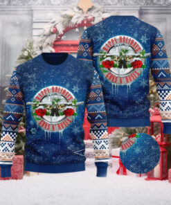 Guns N Roses Happy Holidays Snowy Logo Band Knitted Blue 2024 Ugly Christmas Sweater rem