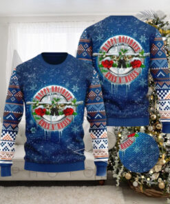 Guns N Roses Happy Holidays Snowy Logo Band Knitted Blue 2024 Ugly Christmas Sweater rem