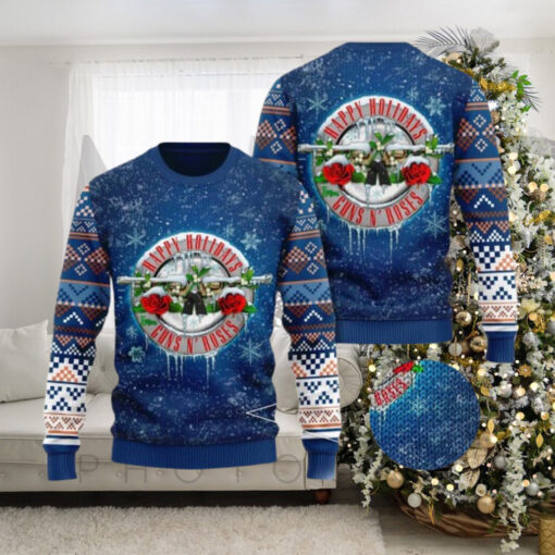 Guns N Roses Happy Holidays Snowy Logo Band Knitted Blue 2024 Ugly Christmas Sweater rem