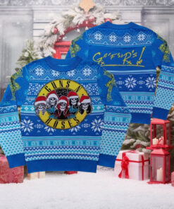 Guns N Roses Iconic Skull Images Band Wearing Santa Hats Blue Knitted Ugly Christmas Sweater