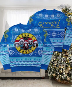 Guns N Roses Iconic Skull Images Band Wearing Santa Hats Blue Knitted Ugly Christmas Sweater