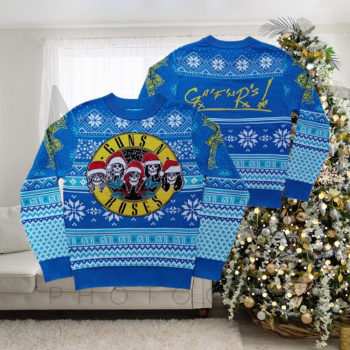 Guns N Roses Iconic Skull Images Band Wearing Santa Hats Blue Knitted Ugly Christmas Sweater