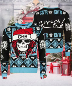 Guns N Roses Iconic Skull With GNR Santa Hat With Snowflake Pattern Knitted Black And Blue Ugly Christmas Sweater rem