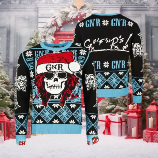 Guns N Roses Iconic Skull With GNR Santa Hat With Snowflake Pattern Knitted Black And Blue Ugly Christmas Sweater rem