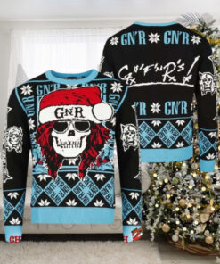 Guns N Roses Iconic Skull With GNR Santa Hat With Snowflake Pattern Knitted Black And Blue Ugly Christmas Sweater rem