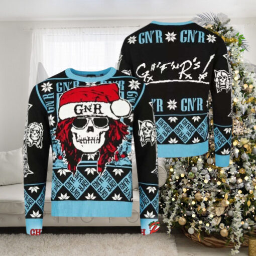 Guns N Roses Iconic Skull With GNR Santa Hat With Snowflake Pattern Knitted Black And Blue Ugly Christmas Sweater rem