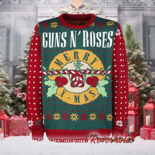 Guns N Roses Merry Xmas Guns Candy Crane Logo Holiday Theme 2024 Knitted Ugly Christmas Sweater