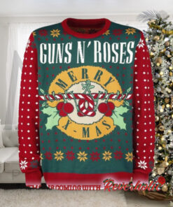 Guns N Roses Merry Xmas Guns Candy Crane Logo Holiday Theme 2024 Knitted Ugly Christmas Sweater