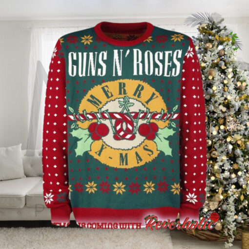 Guns N Roses Merry Xmas Guns Candy Crane Logo Holiday Theme 2024 Knitted Ugly Christmas Sweater