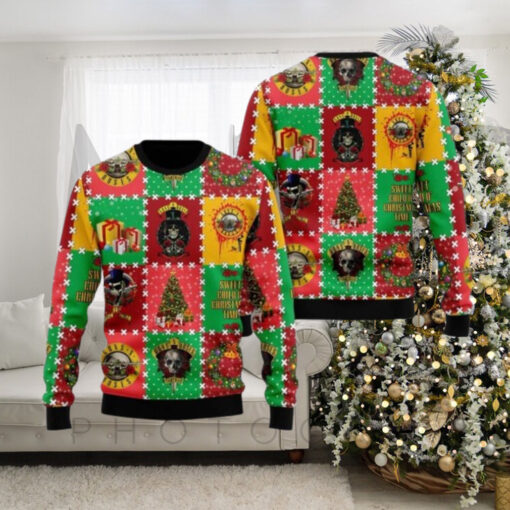 Guns N Roses Sweet Child O Christmas Time Knitted Checker Board Pattern Holiday Theme Ugly Christmas Sweater