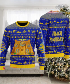 Iron Maiden Powerslave Album Cover Pixel Style With Egypt Symbols Pattern Knitted Blue Ugly Christmas Sweater