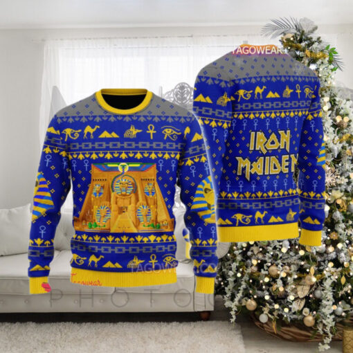 Iron Maiden Powerslave Album Cover Pixel Style With Egypt Symbols Pattern Knitted Blue Ugly Christmas Sweater