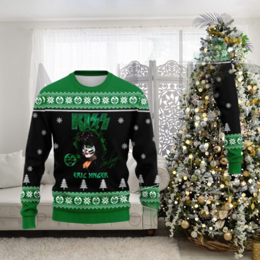 Kiss Band Eric Singer With Signature Green Knitted Ugly Christmas Sweater