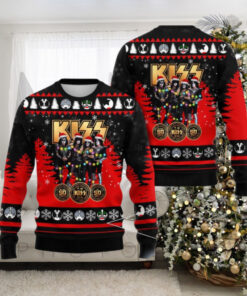 Kiss Band Members With Santa Hats End Of The Road The Final 50 Shows Anniversary Ugly Christmas Sweater