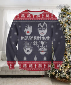 Kiss Band Merry Kissmas Band Member Faces Knitted Snowflakes Pattern Ugly Christmas Sweater