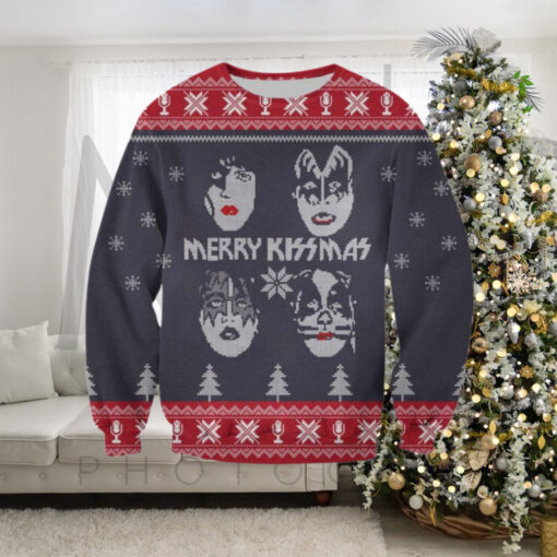 Kiss Band Merry Kissmas Band Member Faces Knitted Snowflakes Pattern Ugly Christmas Sweater