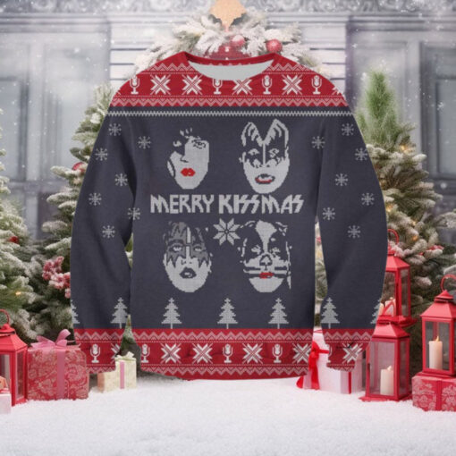 Kiss Band Merry Kissmas Band Member Faces Knitted Snowflakes Pattern Ugly Christmas Sweater