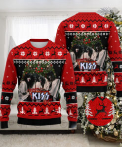 Kiss Band Xmas Tree Holiday Style With Reindeer Knitted Red Ugly Christmas Sweater