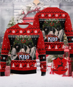 Kiss Band Xmas Tree Holiday Style With Reindeer Knitted Red Ugly Christmas Sweater