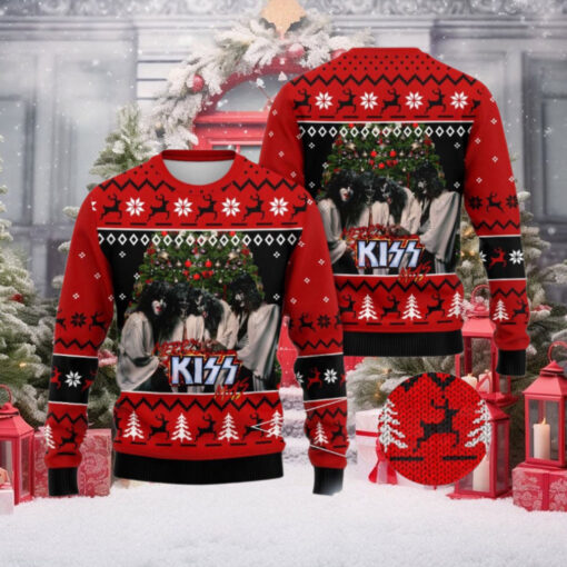 Kiss Band Xmas Tree Holiday Style With Reindeer Knitted Red Ugly Christmas Sweater