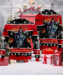 Kiss I Was Made For Loving You Black And Red Knitted Ugly Christmas Sweater