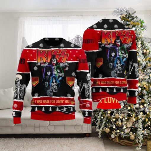 Kiss I Was Made For Loving You Black And Red Knitted Ugly Christmas Sweater