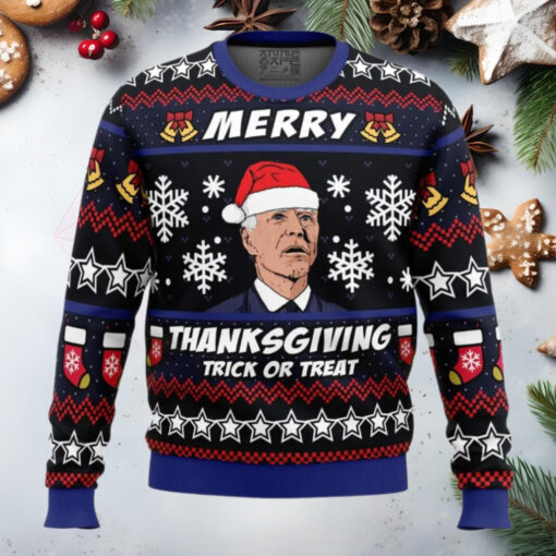 Merry Thanksgiving Biden Anime Ugly Christmas Sweater