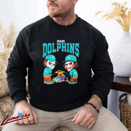 Official Michael Myers And Billy The Puppet X Miami Dolphins Pee On NFL Teams Halloween 2024 Shirt