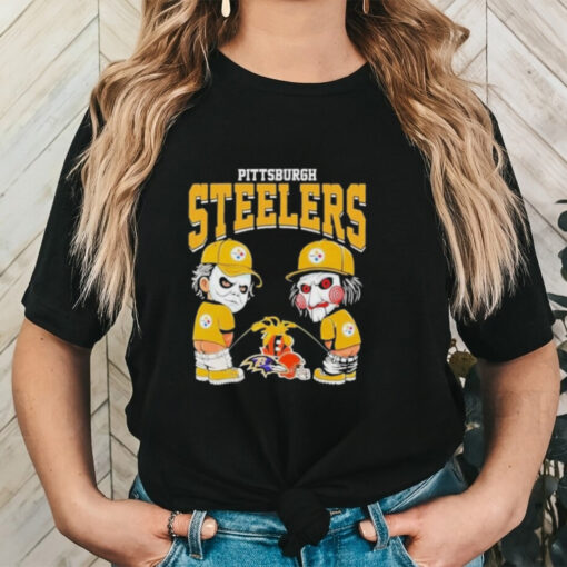 Official Michael Myers And Billy The Puppet X Pittsburgh Steelers Pee On NFL Teams Halloween 2024 Shirt